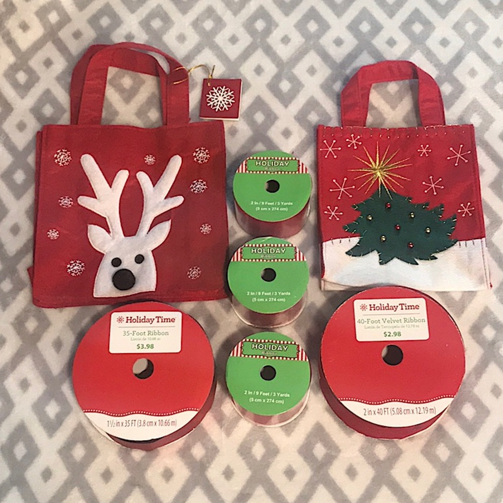 NEW - 2 Avon Christmas Red Felt Gift Bags and Red Holiday Ribbons (Qty 5)